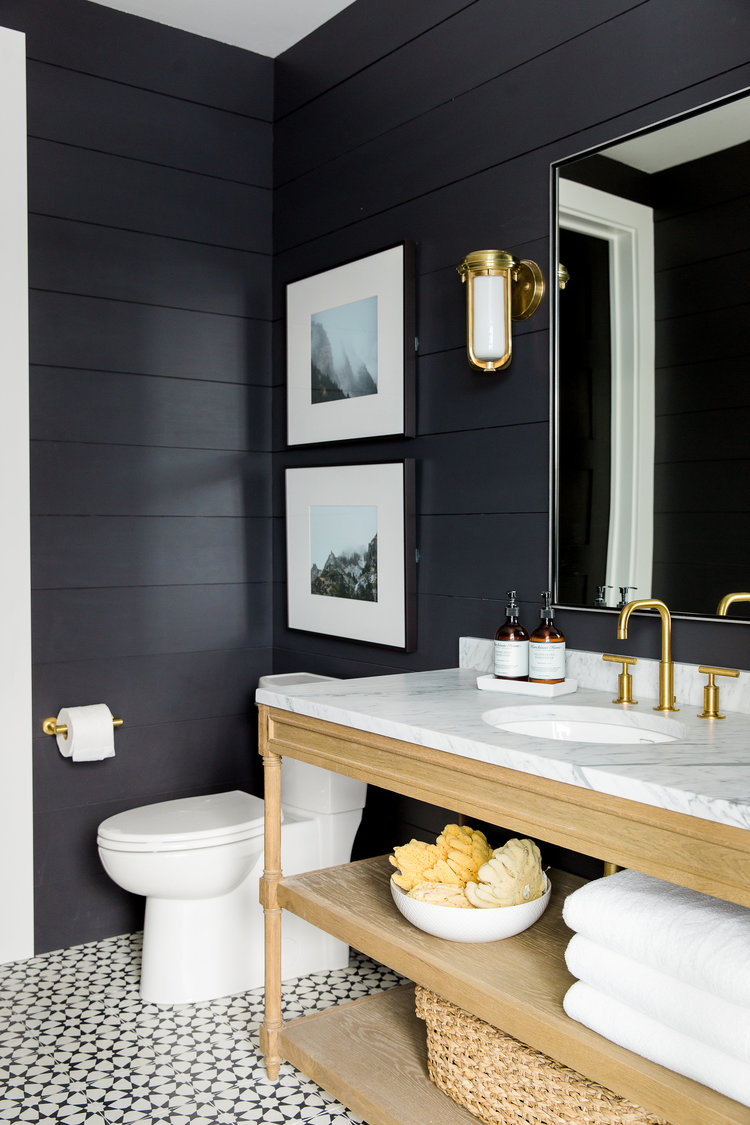 Black beadboard bathroom and white grey marble top