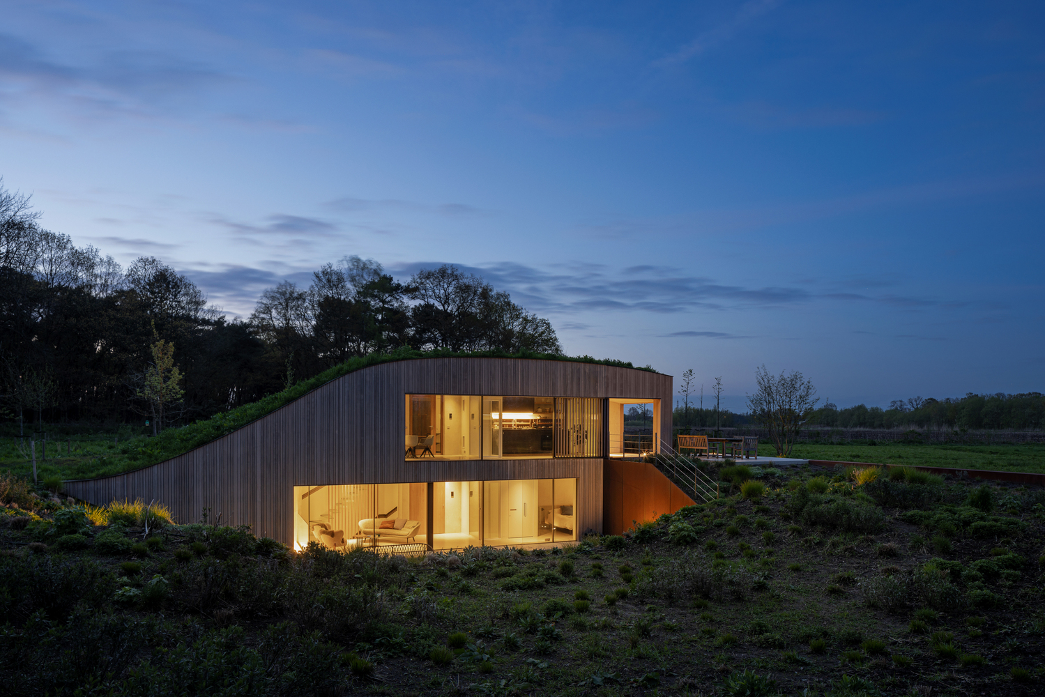 Modern underground house in Netherlands night