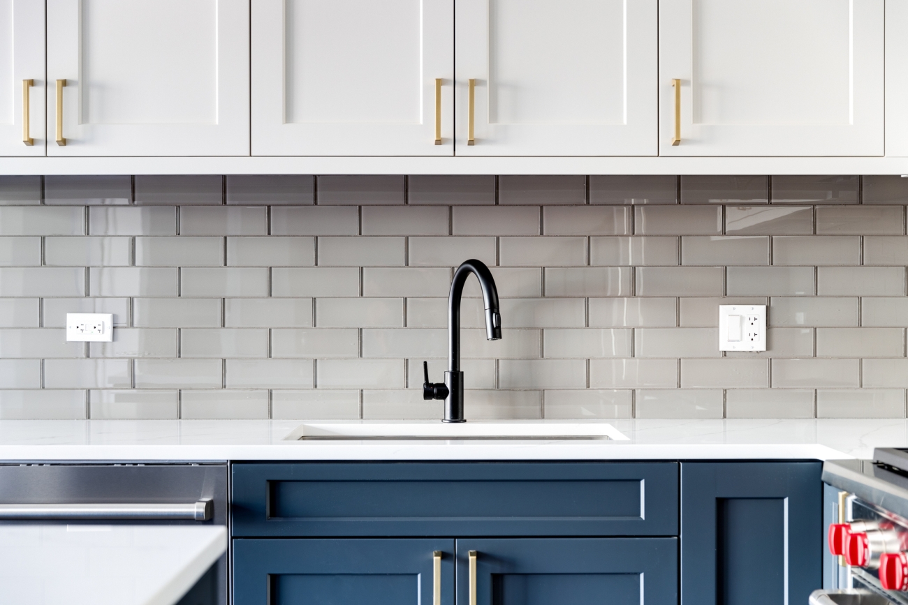 Kitchen Subway Tiles and Blue Cabinets