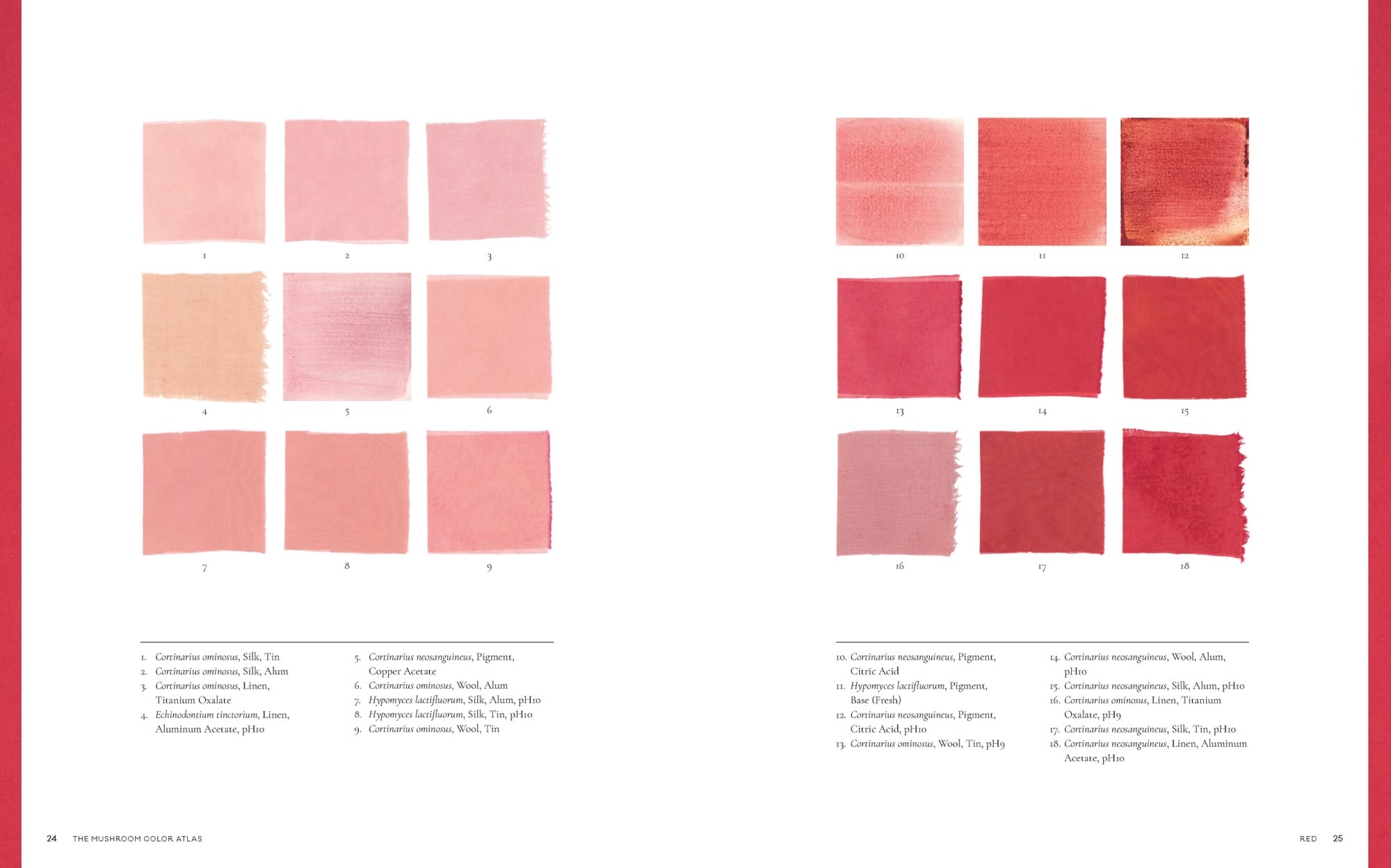 a spread from a book about mushroom pigments, showing pink and red color swatches