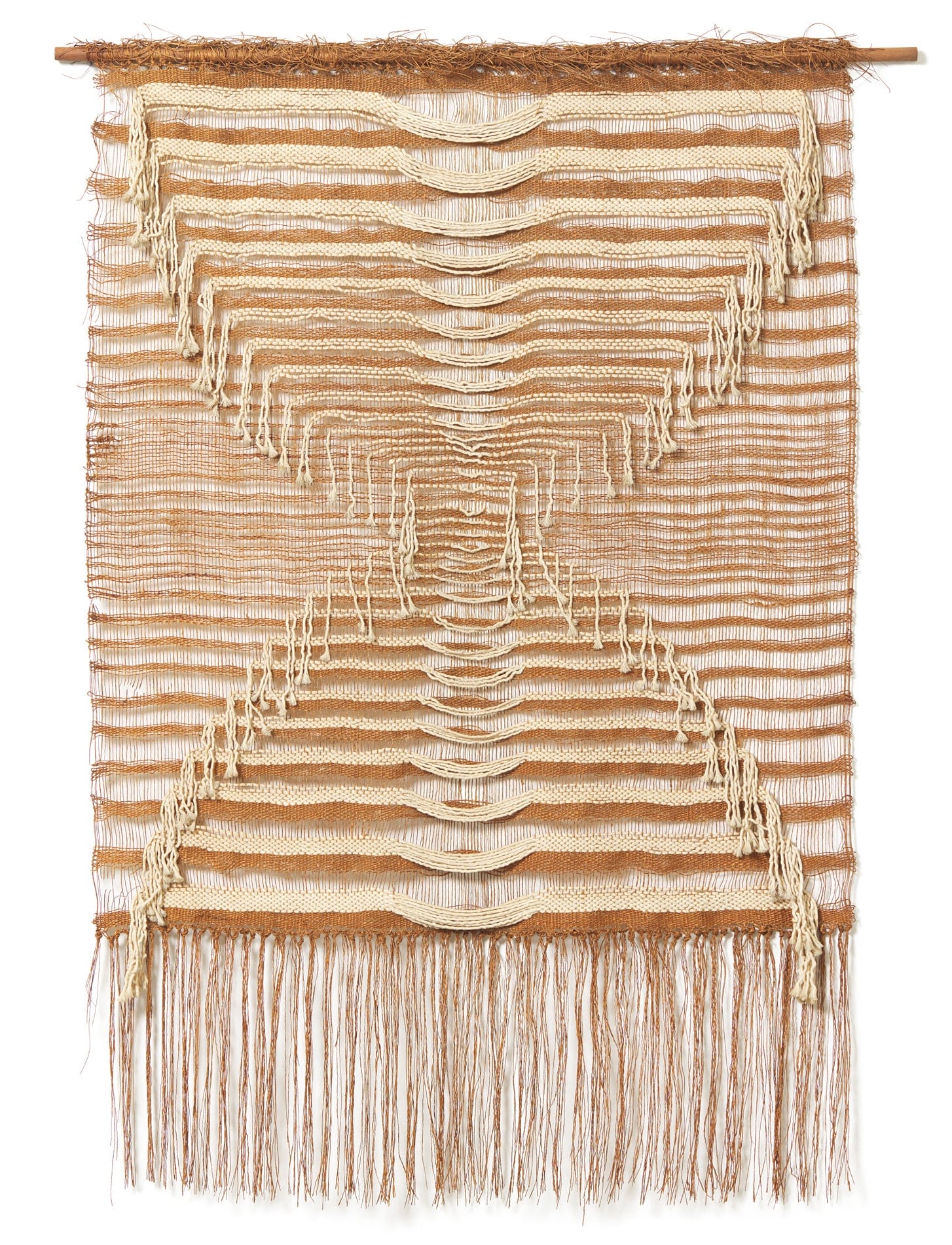 an abstract tapestry with flat woven beige and ochre stripes and dangling threads that make an X across the work