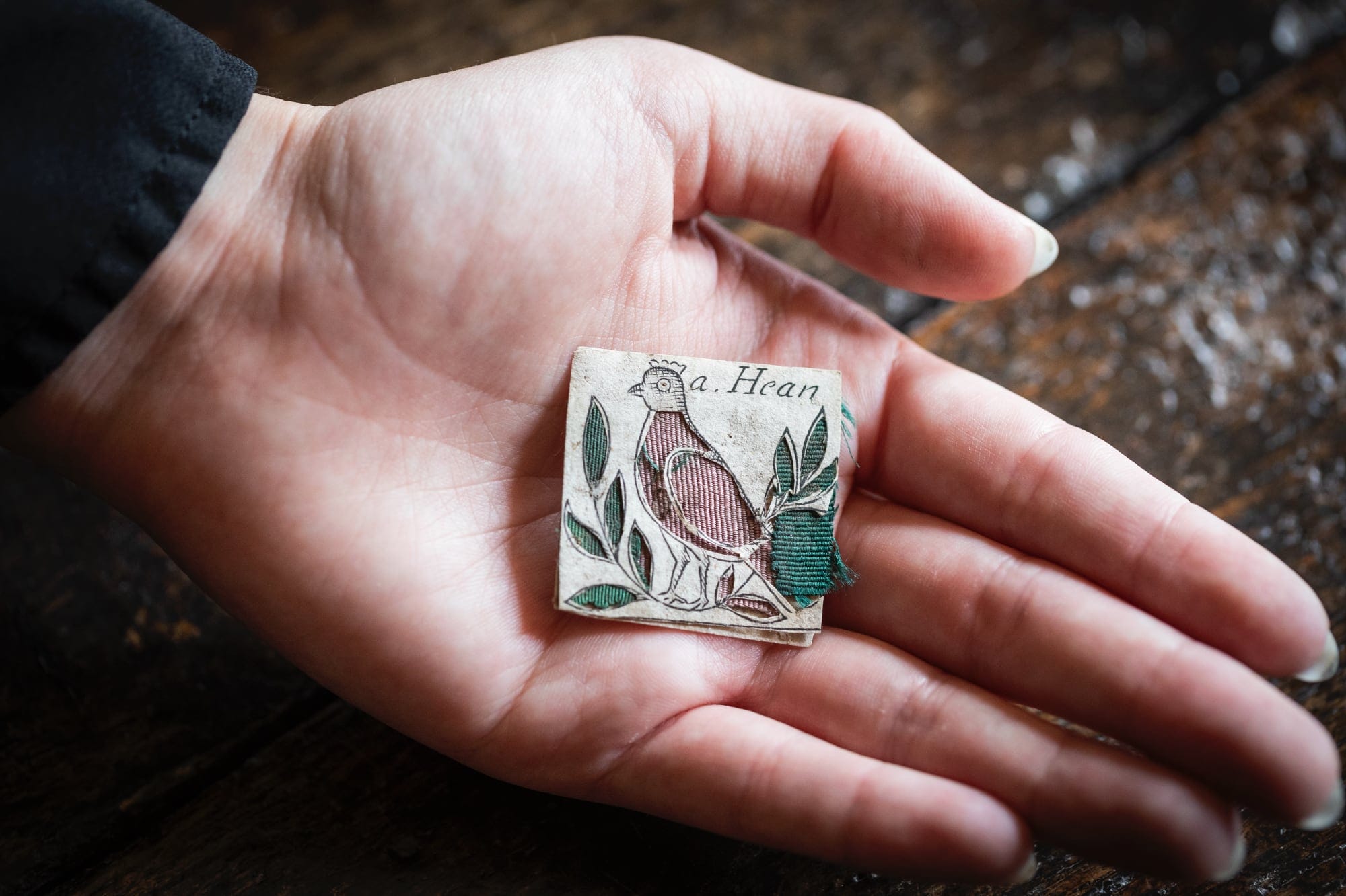 a white hand holding a papercut of a hen embroidered with pink and green