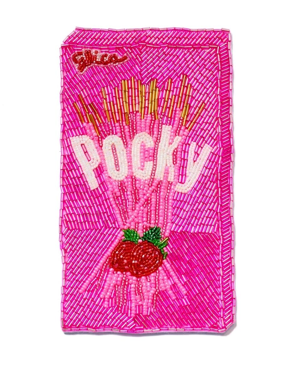 a beaded depiction of a box of strawberry Pocky