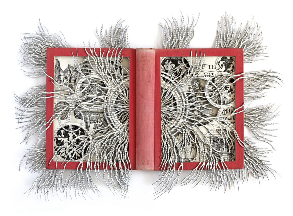 an altered hardcover book with its pages splayed outward and spliced into narrow, capillary-like slivers that have a symmetrical look. the red spine of the book in the middle reads, "History of the World's Art."